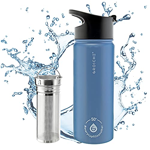 GROSCHE Chicago Steel Infuser Bottle, tea infuser flask, infuser water bottle thermos, Insulated Stainless Steel flask with tea infuser (Blue, 16 fl oz)