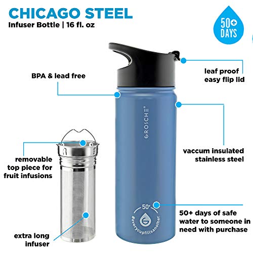 GROSCHE Chicago Steel Infuser Bottle, tea infuser flask, infuser water bottle thermos, Insulated Stainless Steel flask with tea infuser (Blue, 16 fl oz)