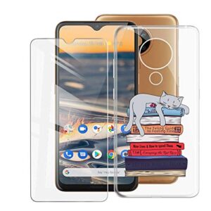 case for nokia c5 endi 6.52 inch, with [1 x tempered glass screen protector] kjyf clear soft tpu + hard pc ultra-clear anti-scratch anti-yellow case for nokia c5 endi - book and cat