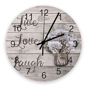 babe maps live love laugh wooden round wall clock 12 inch silent non-ticking battery operated wall clocks wall decor for the kitchen, living room vintage hydrangea flowers on wooden plank