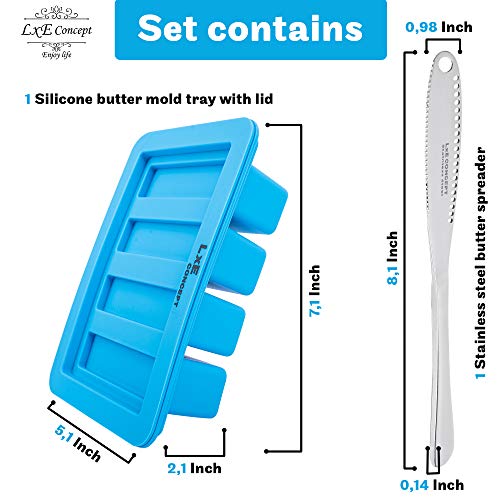 Butter Mold and Stainless Steel Spreader - Silicone Butter Tray Container with Lid 4 Stick Forms for Making Herb Butter Candles Baking Cookies-Round and Serrated Edges Slicer-Smart Kitchen Gadget