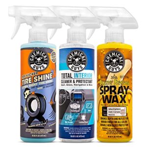 chemical guys quickie detail bundle - total interior cleaner & protectant, blazin' banana spray wax and tire kicker tire shine (3 16 oz bottles)