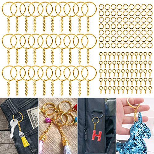 Keychain Rings for Crafts Gold, PAXCOO Key Chains Rings Kit Includes 100Pcs Split Key Ring with Chain, 100pcs Jump Rings and 100pcs Screw Eye Pins for Resin Keychain Making