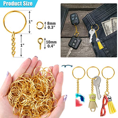 Keychain Rings for Crafts Gold, PAXCOO Key Chains Rings Kit Includes 100Pcs Split Key Ring with Chain, 100pcs Jump Rings and 100pcs Screw Eye Pins for Resin Keychain Making