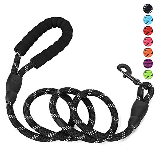 Petmegoo 5ft 1/2in Heavy Duty Black Dog Leash for Large Dogs & Medium Size Dogs - Highly Reflective Heavy Duty Dog Rope Leash with Soft Padded Anti-Slip Handle- for 18-120 lbs Dogs