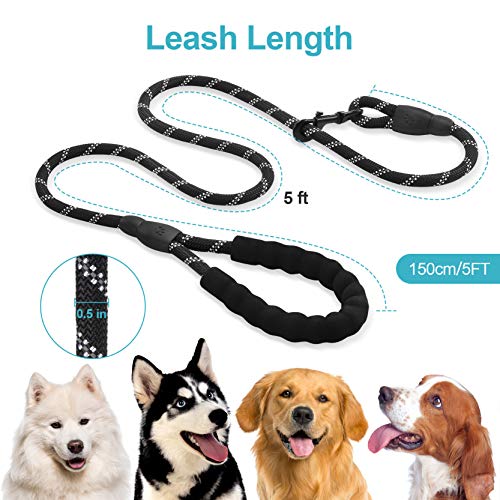 Petmegoo 5ft 1/2in Heavy Duty Black Dog Leash for Large Dogs & Medium Size Dogs - Highly Reflective Heavy Duty Dog Rope Leash with Soft Padded Anti-Slip Handle- for 18-120 lbs Dogs