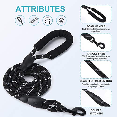 Petmegoo 5ft 1/2in Heavy Duty Black Dog Leash for Large Dogs & Medium Size Dogs - Highly Reflective Heavy Duty Dog Rope Leash with Soft Padded Anti-Slip Handle- for 18-120 lbs Dogs