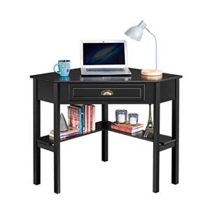 topeakmart home office writing computer desk with shelves and drawers, corner desk laptop pc table working station for home workers, black