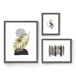 sunflax abstract minimalist painting framed art - elegant black and gold design golden palm leaf pictures set with black wooden frames for living room, bedroom, office 3 panels