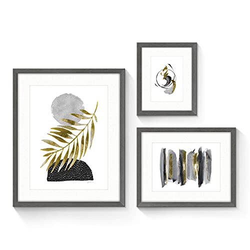 SunFlax Abstract Minimalist Painting Framed Art - Elegant Black and Gold Design Golden Palm Leaf Pictures Set with Black Wooden Frames for Living Room, Bedroom, Office 3 Panels