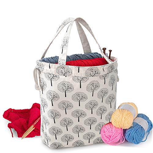 Teamoy Knitting Tote Bag with Drawstring Closure, Portable Yarn Storage Bag for Knitting Needles, Yarn Skein and Crochet Supplies, Tree (Bag Only)