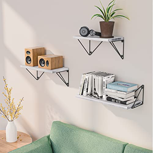 HOSOM Gray Floating Shelves for Bedroom Set of 3, Floating Bookshelf Wall Mounted, Storage Shelves for Living Room Decor