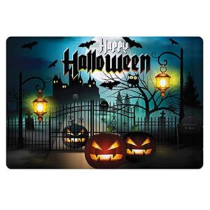 pzz happy halloween decor indoor home mat with non slip rubber backing, moon night castle spooky pumpkins printed, low profile absorbent area rugs