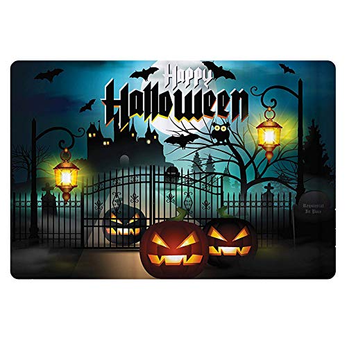 PZZ Happy Halloween Decor Indoor Home Mat with Non Slip Rubber Backing, Moon Night Castle Spooky Pumpkins Printed, Low Profile Absorbent Area Rugs