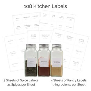 Brave November Kitchen Pantry Labels & Spice Labels- (108 Labels) 72 Spice Jar Labels & 36 Labels for Food Containers- Preprinted Waterproof, Pantry Labels & Food Stickers for Pantry Organization