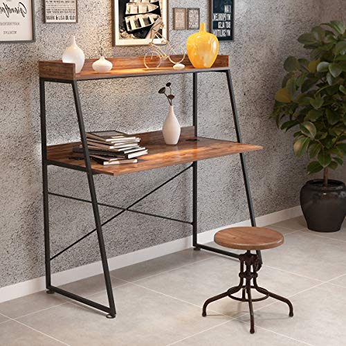 DESIGNA 48 Inch Ladder Desk with Storage Shelves, 2-Tier Home Office Students Study Writing PC Computer Gaming Table with Bookshelf Modern Workstation for Small Space Saving, Metal Frame, Rustic Brown