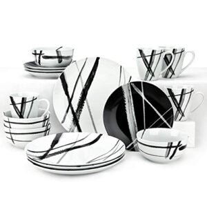 zyan 16 piece round dinnerware sets, black and white metro stoneware dish sets, dishwasher safe plates and bowls sets for 4