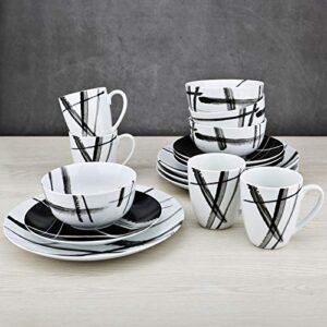 ZYAN 16 Piece Round Dinnerware Sets, Black and White Metro Stoneware Dish Sets, Dishwasher Safe Plates and Bowls Sets for 4