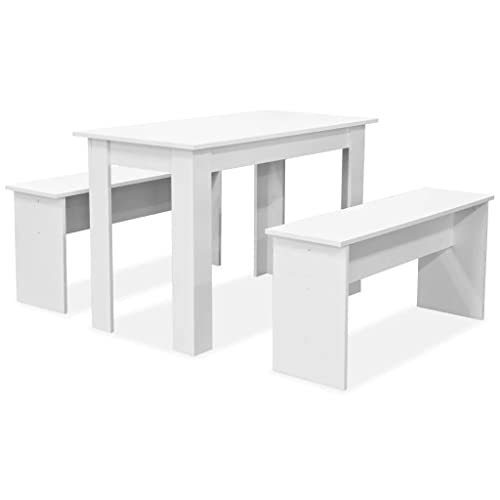 vidaXL Dining Table and Benches 3 Pieces Kitchen Indoor Furniture Set Dinette Dinner Chair Seating Eatgroup Modern Style Engineered Wood White