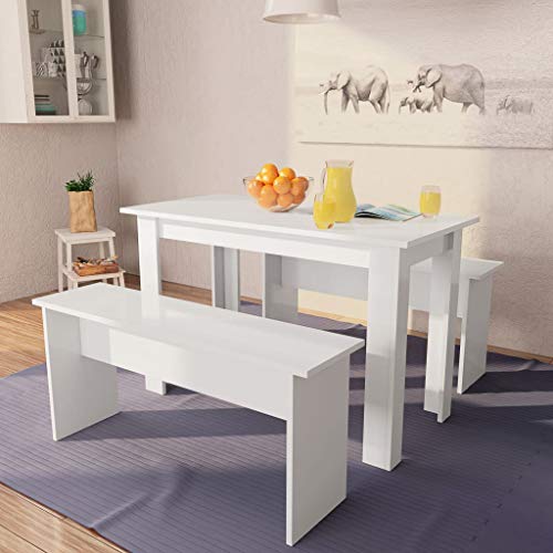 vidaXL Dining Table and Benches 3 Pieces Kitchen Indoor Furniture Set Dinette Dinner Chair Seating Eatgroup Modern Style Engineered Wood White