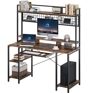 Rolanstar Computer Desk with Hutch and Keyboard Tray, 55" Office Desk with Storage Shelves, Studying Writing Desk Workstation for Home Office, Rustic Brown