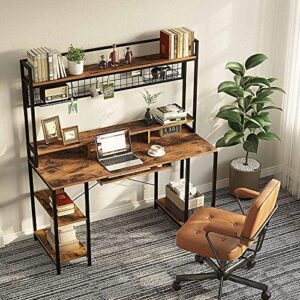 Rolanstar Computer Desk with Hutch and Keyboard Tray, 55" Office Desk with Storage Shelves, Studying Writing Desk Workstation for Home Office, Rustic Brown