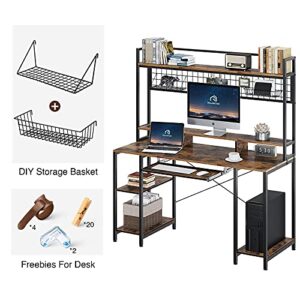 Rolanstar Computer Desk with Hutch and Keyboard Tray, 55" Office Desk with Storage Shelves, Studying Writing Desk Workstation for Home Office, Rustic Brown