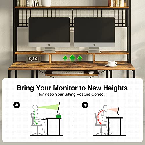 Rolanstar Computer Desk with Hutch and Keyboard Tray, 55" Office Desk with Storage Shelves, Studying Writing Desk Workstation for Home Office, Rustic Brown