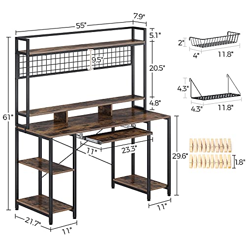 Rolanstar Computer Desk with Hutch and Keyboard Tray, 55" Office Desk with Storage Shelves, Studying Writing Desk Workstation for Home Office, Rustic Brown