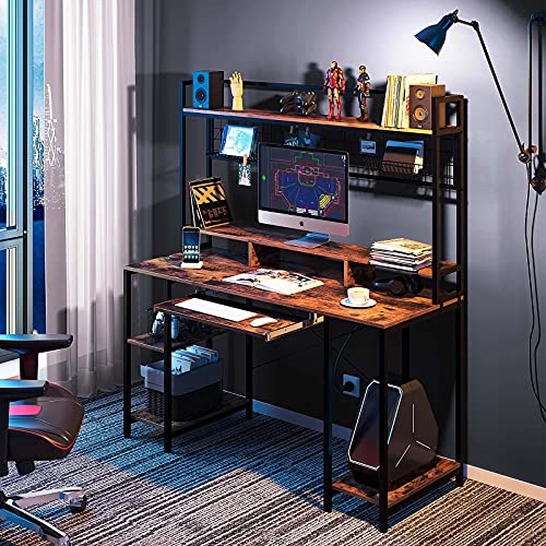 Rolanstar Computer Desk with Hutch and Keyboard Tray, 55" Office Desk with Storage Shelves, Studying Writing Desk Workstation for Home Office, Rustic Brown