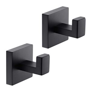 hoooh bath towel hooks matte black, 2 pack stainless steel robe coat and clothes hook, heavy duty wall hook for bathroom & kitchen, modern square style wall mounted, b106-bk-p2