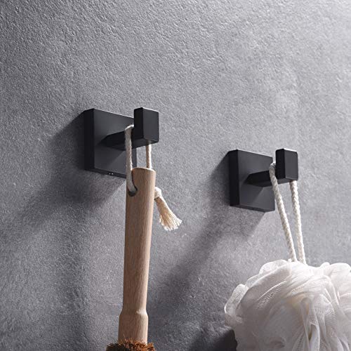 Hoooh Bath Towel Hooks Matte Black, 2 Pack Stainless Steel Robe Coat and Clothes Hook, Heavy Duty Wall Hook for Bathroom & Kitchen, Modern Square Style Wall Mounted, B106-BK-P2