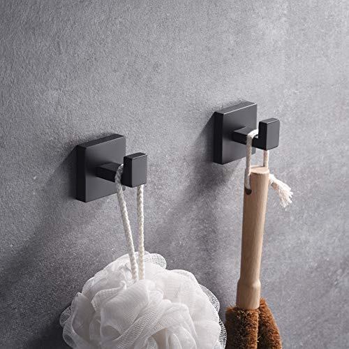 Hoooh Bath Towel Hooks Matte Black, 2 Pack Stainless Steel Robe Coat and Clothes Hook, Heavy Duty Wall Hook for Bathroom & Kitchen, Modern Square Style Wall Mounted, B106-BK-P2