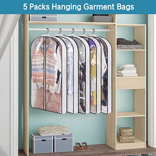 KIMBORA 40" Garment Bags for Hanging Clothes Storage with 4" Gussetes Clear Suit Bags for Closet Storage Coat Cover for Sweaters Shirts, Jackets, (5 Packs,White)