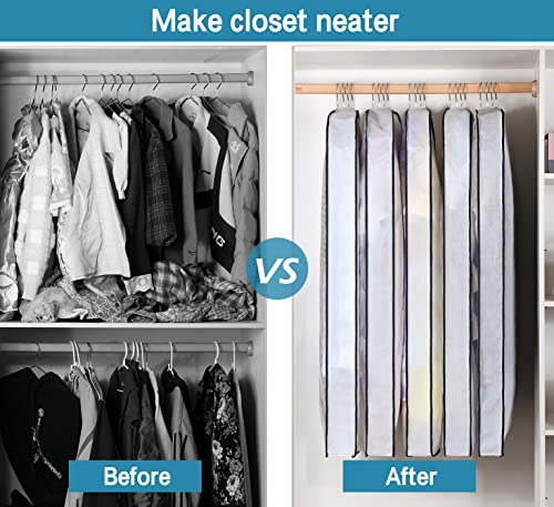 KIMBORA 40" Garment Bags for Hanging Clothes Storage with 4" Gussetes Clear Suit Bags for Closet Storage Coat Cover for Sweaters Shirts, Jackets, (5 Packs,White)