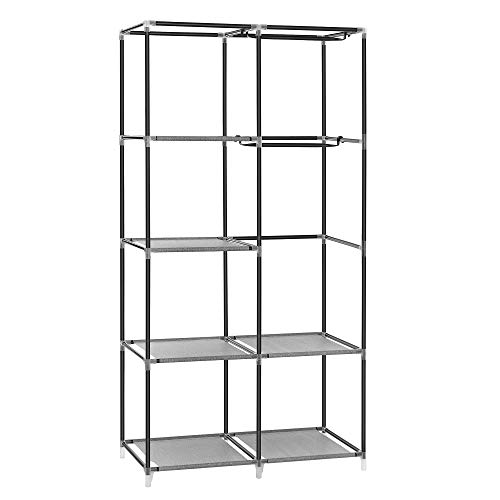 SONGMICS Portable Closet, Clothes Storage Organizer with 6 Shelves, 1 Clothes Hanging Rail, Non-Woven Fabric Closet, Metal Frame, Herringbone Pattern, 34.6 x 17.7 x 66.1 Inches, Grey URYG084G22