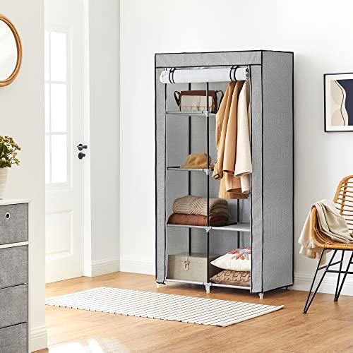 SONGMICS Portable Closet, Clothes Storage Organizer with 6 Shelves, 1 Clothes Hanging Rail, Non-Woven Fabric Closet, Metal Frame, Herringbone Pattern, 34.6 x 17.7 x 66.1 Inches, Grey URYG084G22