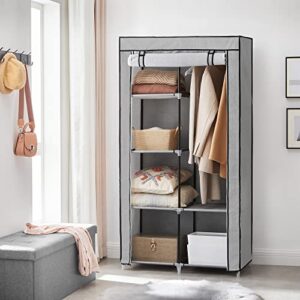 SONGMICS Portable Closet, Clothes Storage Organizer with 6 Shelves, 1 Clothes Hanging Rail, Non-Woven Fabric Closet, Metal Frame, Herringbone Pattern, 34.6 x 17.7 x 66.1 Inches, Grey URYG084G22