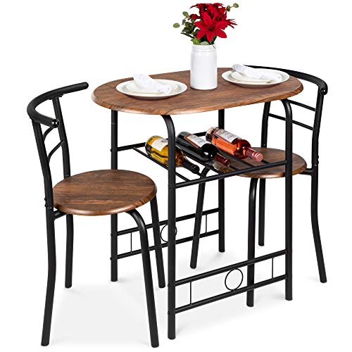 Best Choice Products 3-Piece Wooden Round Table & Chair Set for Kitchen, Dining Room, Compact Space w/Steel Frame, Built-in Wine Rack - Black/Brown