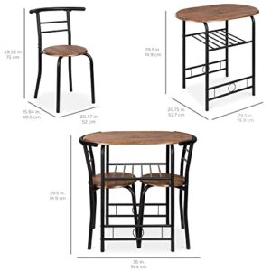 Best Choice Products 3-Piece Wooden Round Table & Chair Set for Kitchen, Dining Room, Compact Space w/Steel Frame, Built-in Wine Rack - Black/Brown