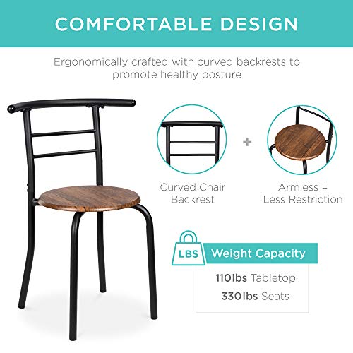 Best Choice Products 3-Piece Wooden Round Table & Chair Set for Kitchen, Dining Room, Compact Space w/Steel Frame, Built-in Wine Rack - Black/Brown