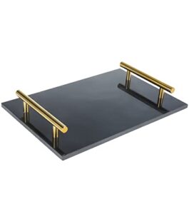 highfree marble stone decorative tray, handmade nightstand tray with copper-color metal handles for counter, vanity, dresser, nightstand and desk (black)