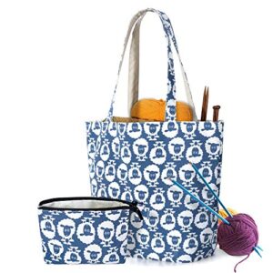 yarwo knitting bag with small zipper pouch, yarn tote for knitting needles, skeins of yarn and knitting supplies on the go, sheep (patented design)