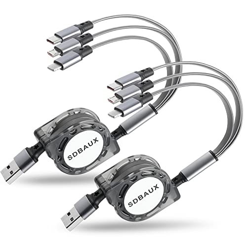 SDBAUX 2Pack Multi USB Charger Cable Retractable 3 in 1 Multiple Charging Cord Adapter with Mini Type C Micro USB Port Connectors Compatible with Cell Phones Tablets Universal Use (3.3ft/Gray)