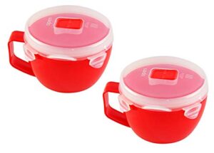 home-x microwave soup mugs with lid- set of 2, microwave soup bowls with handle and vented lid, bpa free dishwasher safe, 32oz capacity, set of 2, 7 ¼" l x 5" w x 4" h, red