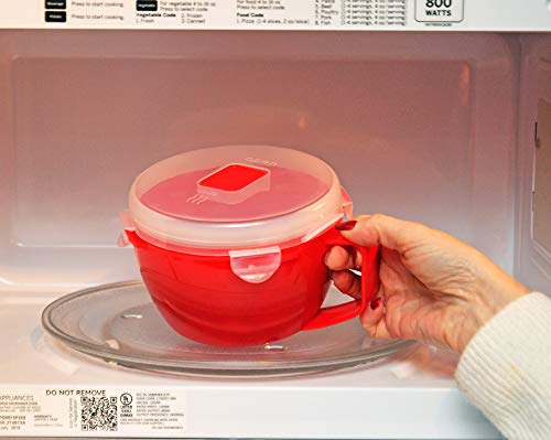 Home-X Microwave Soup Mugs with Lid- Set of 2, Microwave Soup Bowls with Handle and Vented Lid, BPA Free Dishwasher Safe, 32oz Capacity, Set of 2, 7 ¼" L x 5" W x 4" H, Red