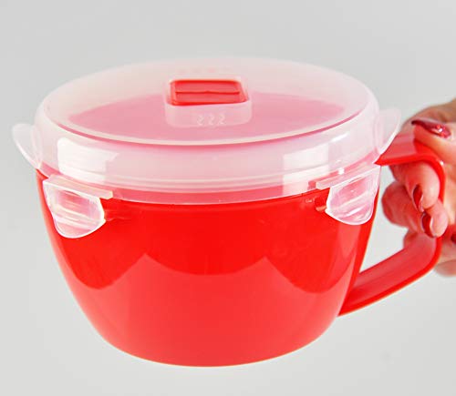 Home-X Microwave Soup Mugs with Lid- Set of 2, Microwave Soup Bowls with Handle and Vented Lid, BPA Free Dishwasher Safe, 32oz Capacity, Set of 2, 7 ¼" L x 5" W x 4" H, Red