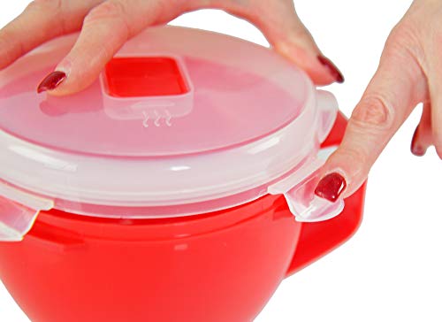 Home-X Microwave Soup Mugs with Lid- Set of 2, Microwave Soup Bowls with Handle and Vented Lid, BPA Free Dishwasher Safe, 32oz Capacity, Set of 2, 7 ¼" L x 5" W x 4" H, Red