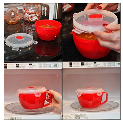 Home-X Microwave Soup Mugs with Lid- Set of 2, Microwave Soup Bowls with Handle and Vented Lid, BPA Free Dishwasher Safe, 32oz Capacity, Set of 2, 7 ¼" L x 5" W x 4" H, Red