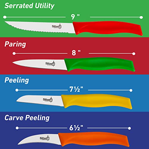 Slitzer Germany 4-Piece Kitchen Knife Set - German Stainless Steel Blades & Colorful Handles - Utility, Paring, Vegetable, & Beak Carving Knives